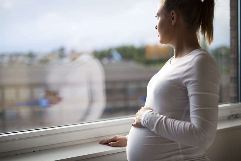 Pregnant woman looking out of window, hand resting on pregnant abdomen. 